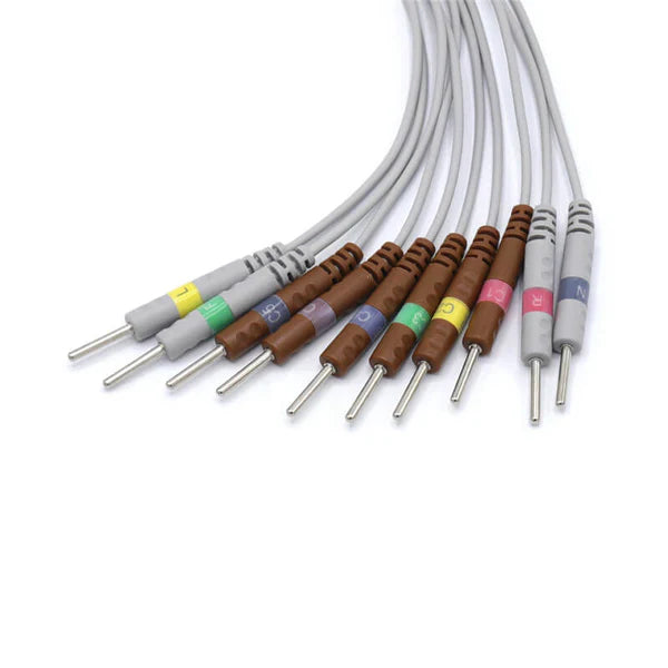 Cable de ECG Philips compatible con 10 derivaciones, aguja IEC de 3,0 mm, conector estándar europeo.