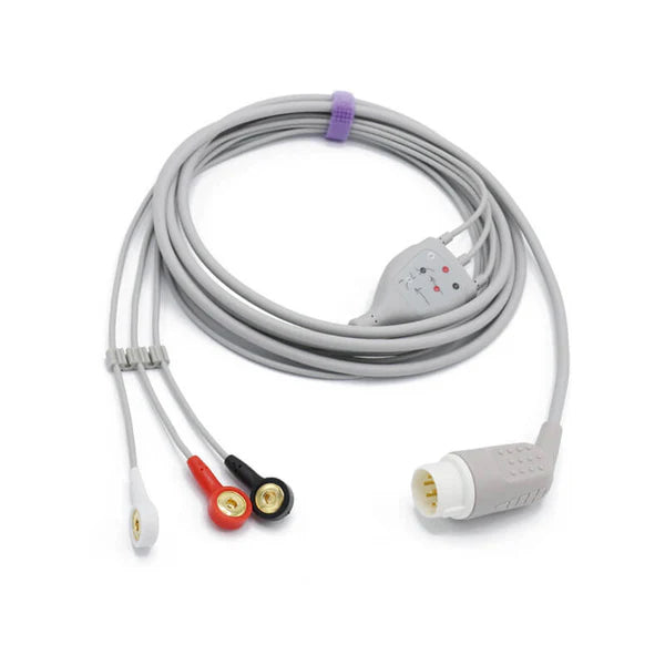 Cable de ECG Philips M1733A compatible con 3 cables conductores y conector a presión AHA de 8 pines.