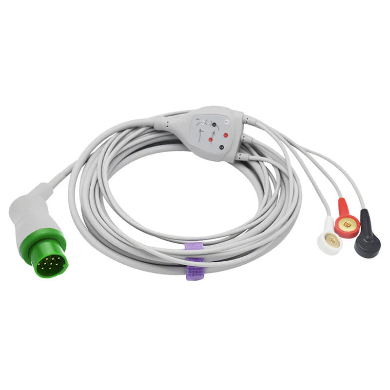 Cable de ECG Biolight compatible con 3 derivaciones AHA, conector a presión de 12 pines