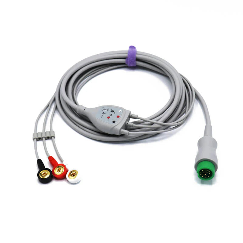 Cable de ECG compatible con Mindray 043-000487-01, 3 derivaciones, conector a presión de 12 pines, estándar AHA
