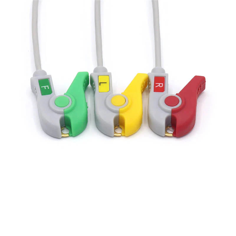 Cables de ECG de 3 derivaciones para Nihon Kohden, conector IEC de 11 pines con pinza y estándar europeo.