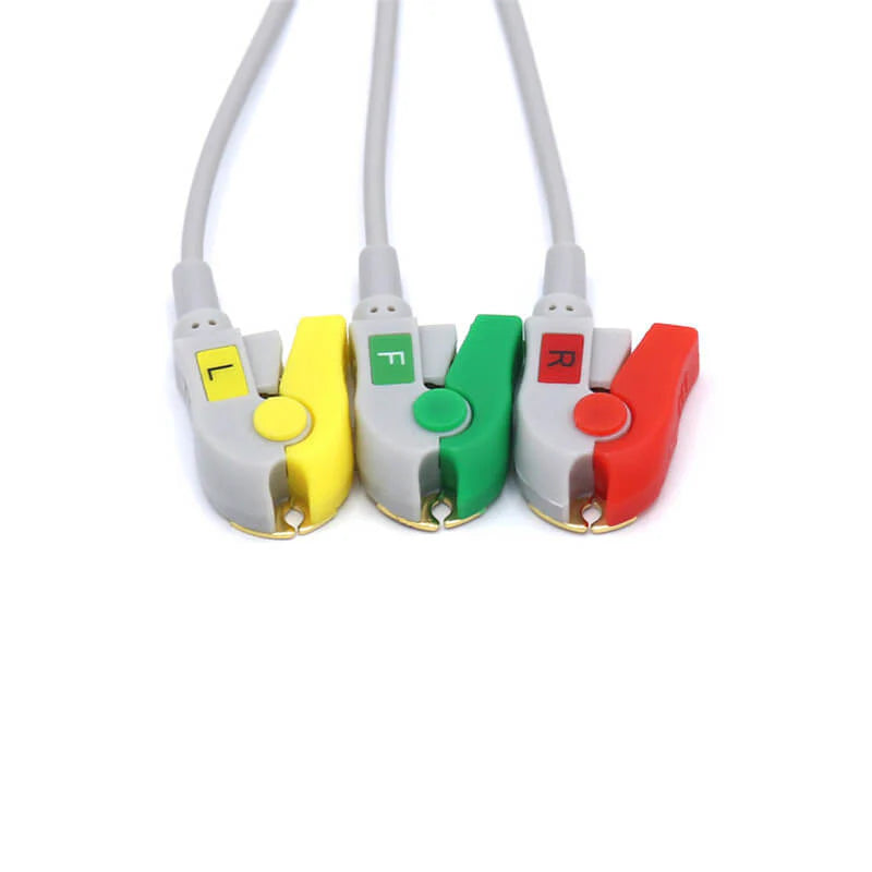 Cables de ECG de 3 derivaciones compatibles con Nihon Kohden, conector IEC de 11 pines con pinza y estándar europeo.