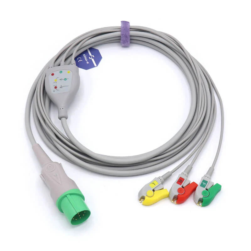 Cables de ECG de 3 derivaciones compatibles con Nihon Kohden, conector IEC de 11 pines con pinza y estándar europeo.