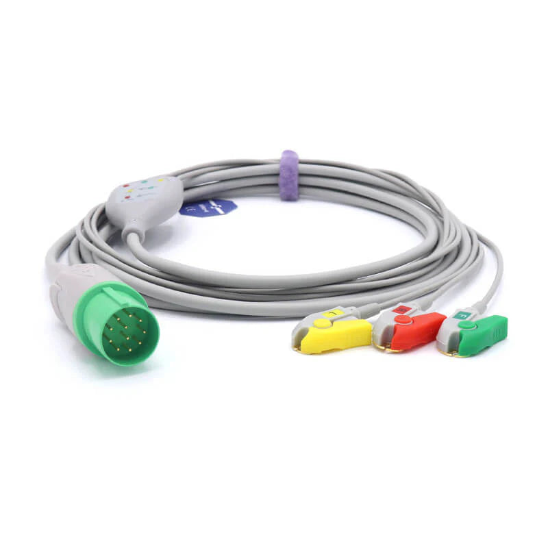 Cables de ECG de 3 derivaciones compatibles con Nihon Kohden, conector IEC de 11 pines con pinza y estándar europeo.