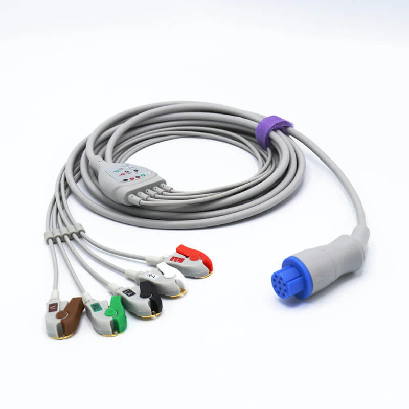 Cable de ECG compatible con GE Datex-Ohmeda con 5 derivaciones, conector de pinza 4.0, redondo, 10 pines, AHA