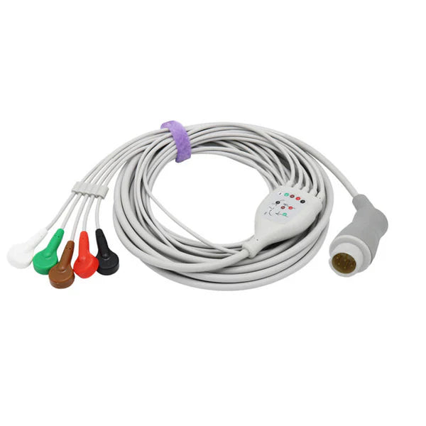 Cable de ECG Philips M1736A compatible con 5 conductores y conector a presión AHA de 8 pines.