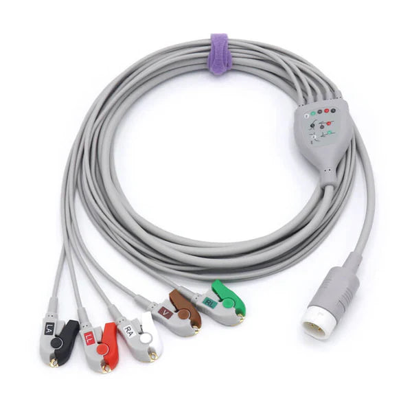 Cable de ECG Philips M1986A compatible con 5 derivaciones y conector de pinza AHA de 12 pines.