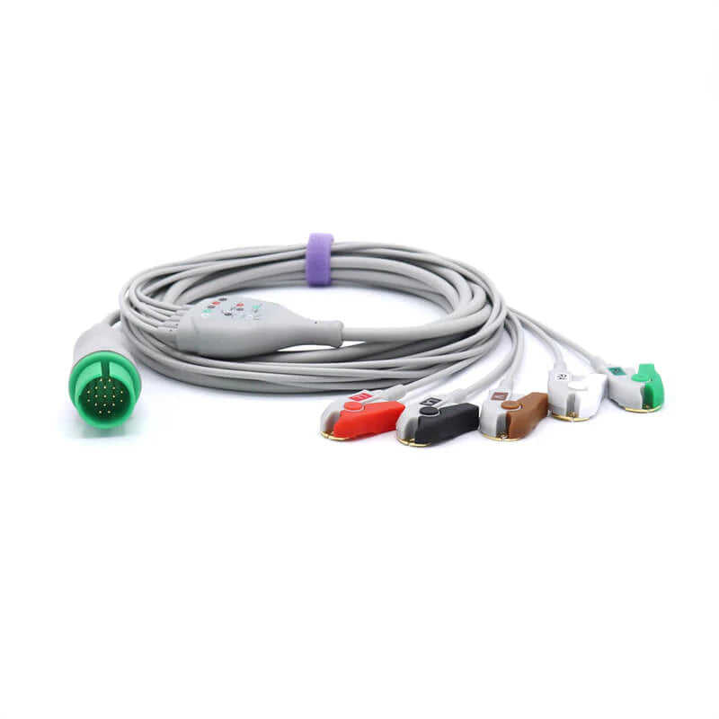 Cable de ECG Spacelabs compatible con 5 derivaciones AHA de 17 pines con conector de pinza