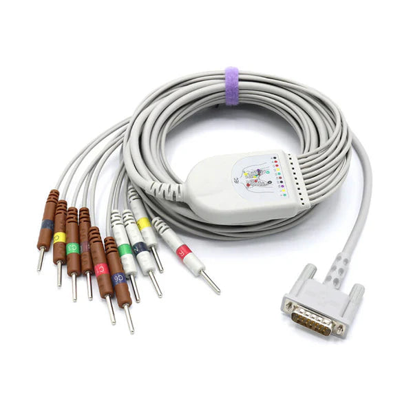 Cable de EKG Philips compatible con 10 derivaciones, AHA, conector de aguja de 3,0 mm y 15 pines.