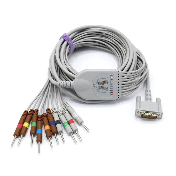 Cable de ECG Philips compatible con 10 derivaciones, aguja IEC de 3,0 mm, conector estándar europeo.